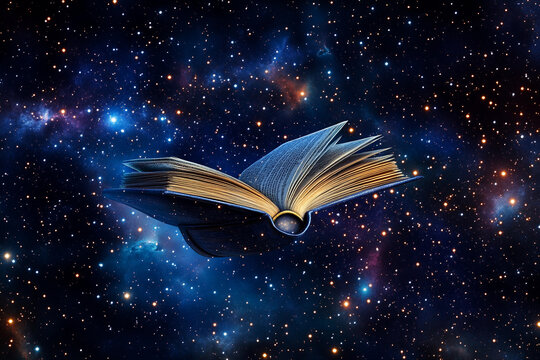 A book floats in space with a distant planet surrounded by stars, symbolizing knowledge and exploration in the universe