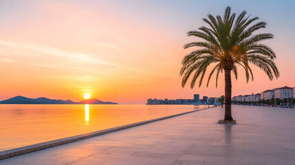 Coastal sunrise over a promenade with palm tree