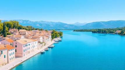 Fototapeta premium Coastal town aerial view, colorful buildings, calm water, mountains. Scenic view of a picturesque Mediterranean town, perfect for travel or tourism promotional materials