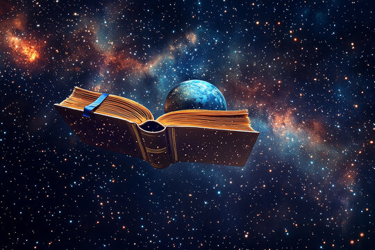 A book floats in space with a distant planet surrounded by stars, symbolizing knowledge and exploration in the universe
