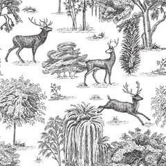 Toile forest with deer animal, willow, oak, willow tree seamless pattern. Classic landscape wallpaper.