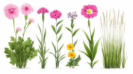 Obraz premium Collection of realistic flowers and plants on white background for design use