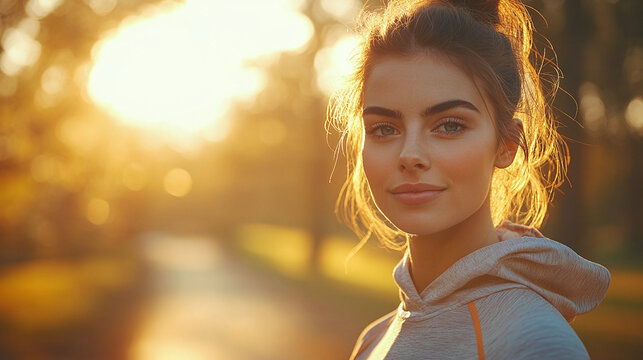 Young athletic female doing morning workout and jogging in nature. Healthy lifestyle concept. Copy space for text or logo. Banner concept