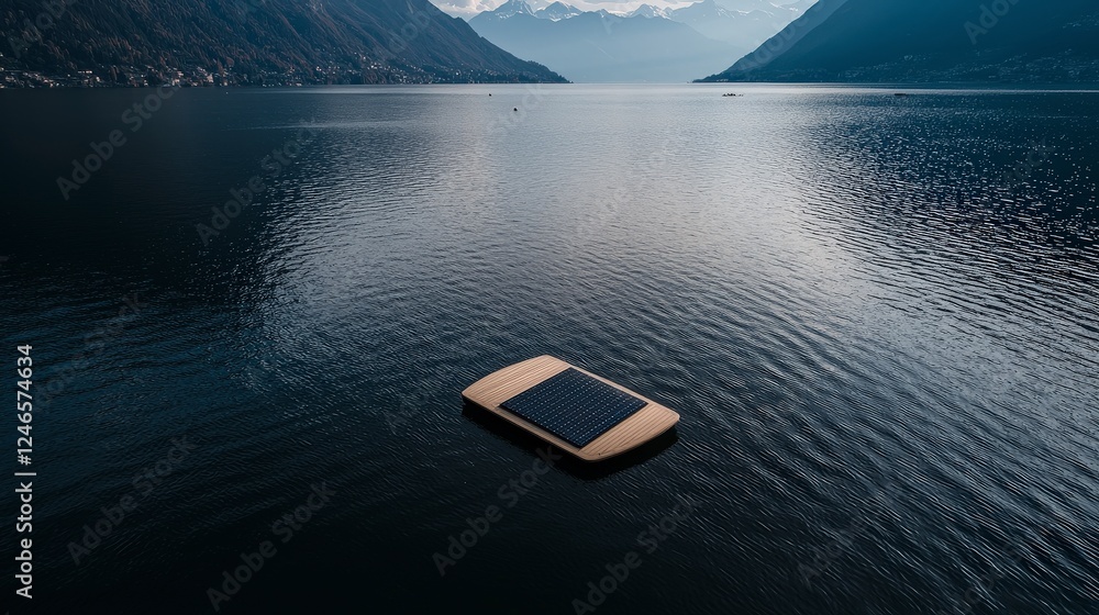 Poster tranquil lake view with solar-powered floating platform surrounded by mountains and serene waters