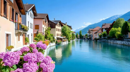 Colorful European town along a canal on a sunny day; picturesque scenery for tourism