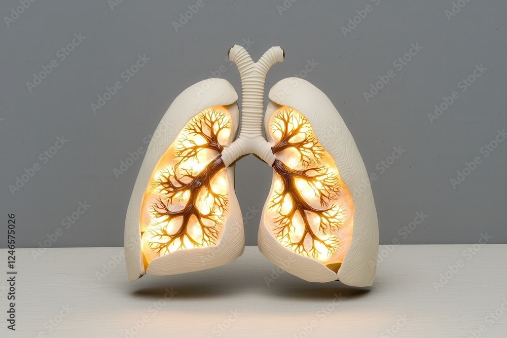 Poster a detailed representation of human lungs illuminated from within, showcasing intricate branching str