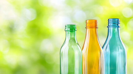 Colorful glass bottles against a blurred green background. Possible use Recycling, sustainable, environmental awareness, sustainable living