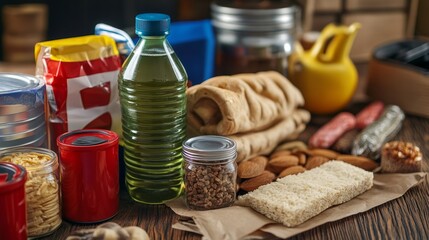 Set of long-term storage food and necessary objects for emergency situations and evacuation