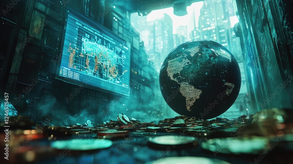 Poster a futuristic blend of coins and a world globe with interactive stock market visuals in the backgroun