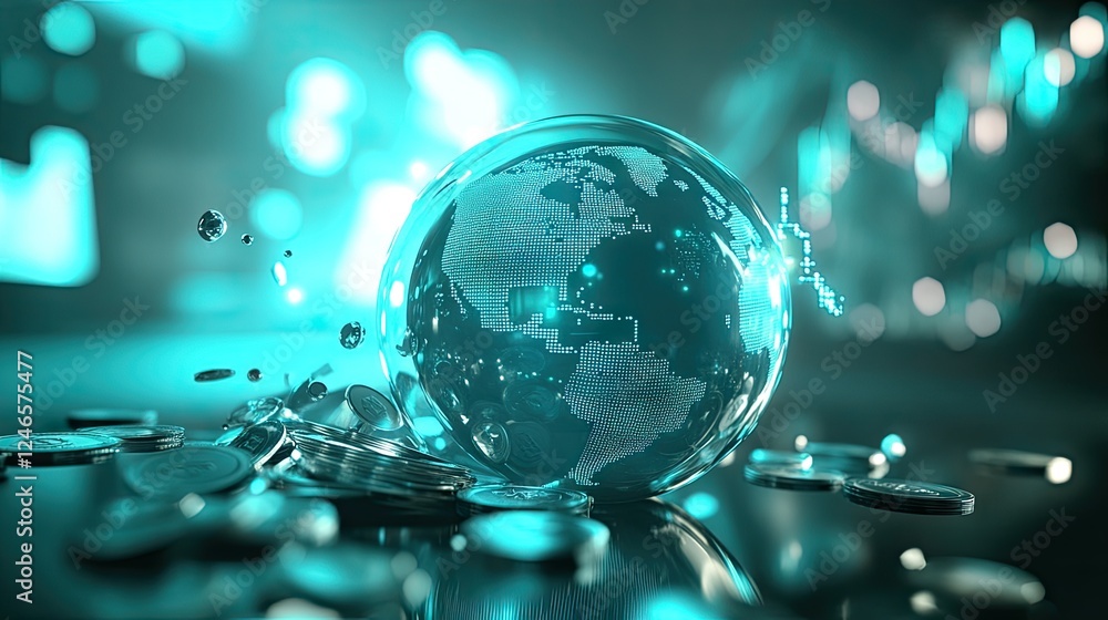 Poster a futuristic blend of coins and a world globe with interactive stock market visuals in the backgroun