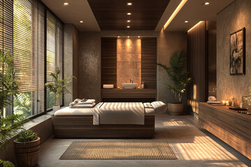 Elegant beige tones spa room with wooden elements and massage tables. A spa treatment room, vacant spa room with soft lighting.