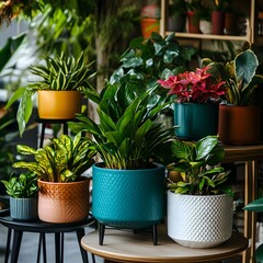 Beautifully Arranged Potted Plants Decorating a Minimalist Home Interior. Variety of Lush Greenery and Succulents Displayed on Shelves and Tables, Creating a Warm and Inviting Atmosphere.