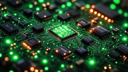 Technology backgrounds featuring a glowing circuit board pattern in green and black