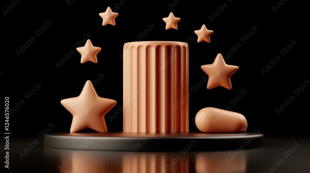 Poster abstract 3d shapes of stars and cylindrical forms with soft textures in a dark background for creati