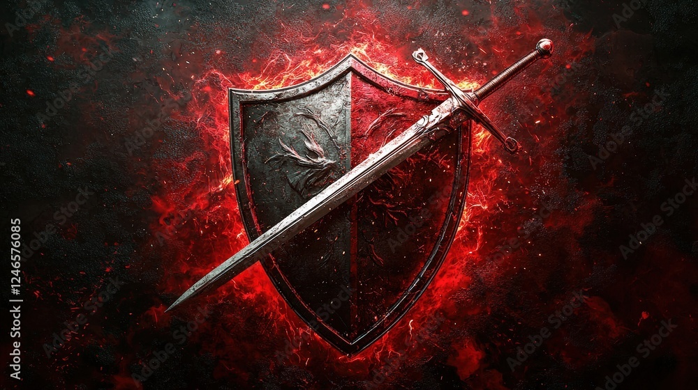 Aufkleber artistic shield design with sword and fiery background elements in dark and light colors for creativ