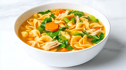 Creamy Chicken Noodle Soup in a White Bowl on Marble