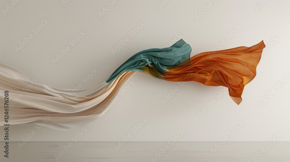 Poster flowing fabric display on wall with soft colors creating an artistic and modern aesthetic
