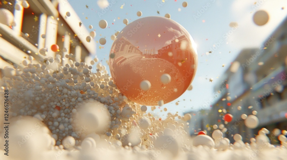 Poster abstract composition with colorful spheres and bouncing particles in bright outdoor setting
