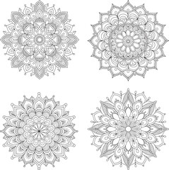 Intricate Black and White Mandala with Symmetrical Floral and Geometric Patterns, Detailed Petal Motifs, and Ornamental Flourishes
