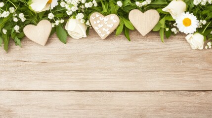 Wooden Background with White Roses, Daisies, and Hearts