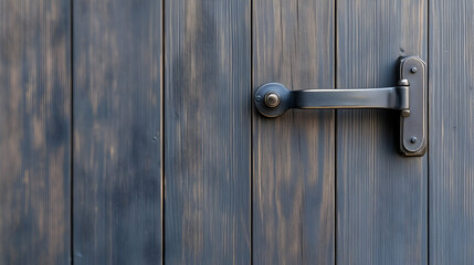 Fototapeta premium Dark gray wooden door with metal handle and latch. Close up. Background is wooden paneling. Potential use interior design, home improvement