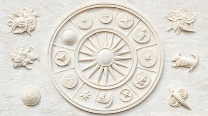 Fototapeta premium Decorative Zodiac Wheel, White Relief Carving, Intricate Design, Possible wall art