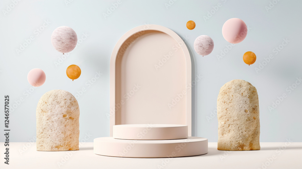Poster minimalist display with colorful floating balls and textured stone elements in soft pastel colors