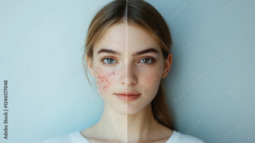 Poster split face comparison of skin condition showing acne on one side and smooth skin on the other side. 