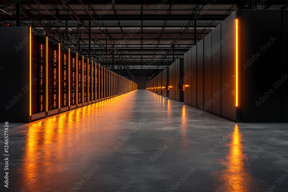 Poster empty data center corridor with glowing lights and reflections on the floor creating a futuristic at