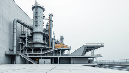 Industrial facility with large cylindrical structure and multiple levels.