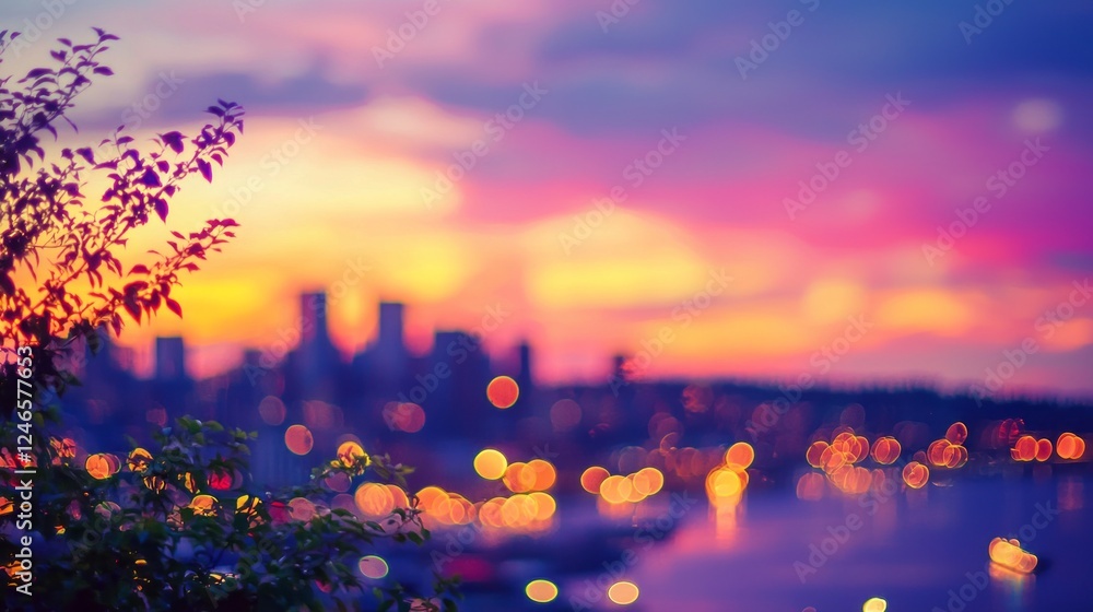 Poster as the sun sets, the city skyline becomes a canvas of vibrant colors. brilliant hues blend in the sk