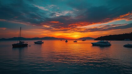 A tranquil sunset over a calm sea with boats silhouetted against vibrant clouds.