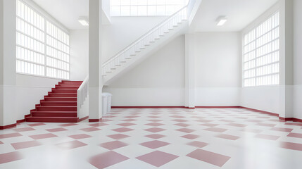Obraz premium Empty, bright school hallway with stairs and checkered floor. Possible use Stock photo