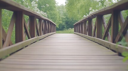 Wooden Footbridge Pathway Through Summer Woods
