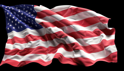 Waving American Flag with Stars and Stripes Flowing in Gentle Breeze Against a Black Background