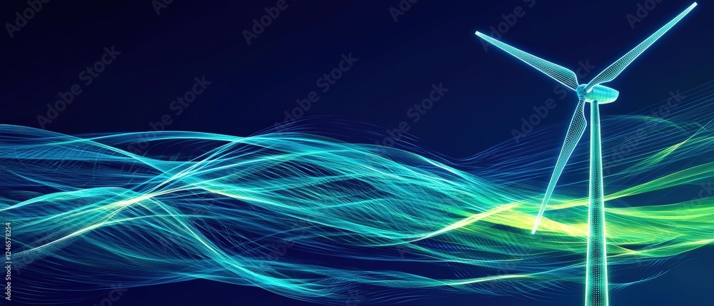 Poster futuristic digital rendering of a wind turbine with colorful abstract energy waves in a dark backgro