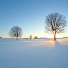 serene winter landscape featuring two bare trees silhouetted against bright blue sky, with soft snow covering ground and sun rising in background, creating peaceful atmosphere