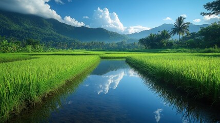 Tranquil rice paddies with reflections of sky