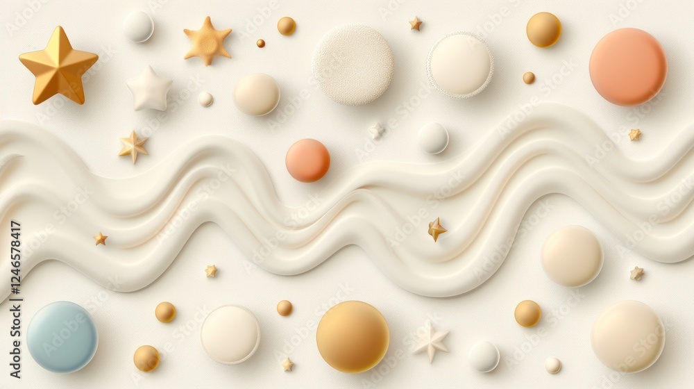 Poster abstract design featuring colorful shapes and smooth waves in a soft pastel palette against a light 