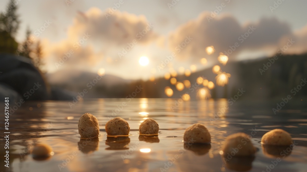 Aufkleber serene sunset reflection over calm water surface with floating pebbles and soft bokeh in the backgro