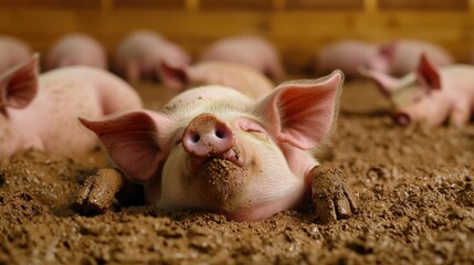 Piglets sleeping in mud, farm barn background, agriculture
