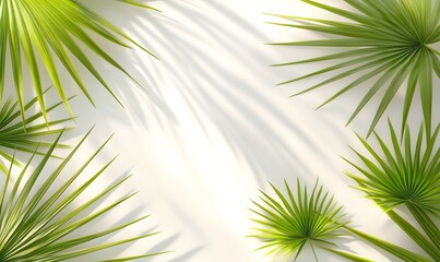 Obraz premium Tropical palm leaves frame, sunlight shadows, white background, summer design