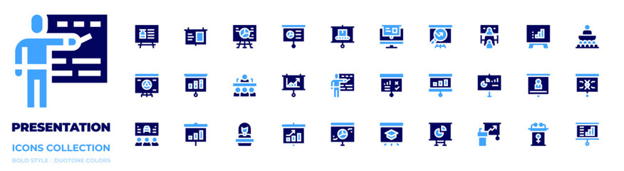 Obraz premium Presentation icon collection. Bold style. Duotone colors. presentation, search, elearning, meeting, project, linechart, board, publicspeaking, piechart, screen