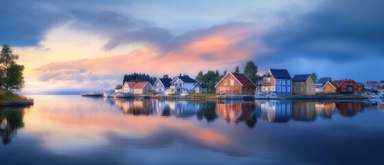 Obraz premium Serene Coastal Village with Colorful Houses and Calm Water Reflection