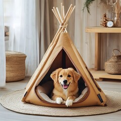 Cheerful Golden Retriever Puppy Relaxing and Resting Comfortably Inside a Cozy Wooden Tipi-Inspired Pet Shelter Placed on a Plush Rug in a Warm, Inviting Indoor Setting