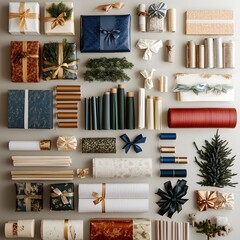 Christmas gifts wrapped in various natural and elegant materials including pine branches, ribbons, and bows arranged in a flat lay composition on a wooden table. The gifts have a warm, cozy.