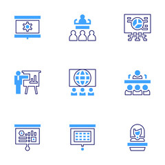 Presentation icon set. Bold line style. Duotone colors. Editable stroke. presentation, datatable, publicspeaking, conference, piechart, speech