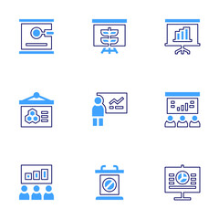 Presentation icon set. Bold line style. Duotone colors. Editable stroke. presentation, growth, coaching, lectern, exhibition, graphic