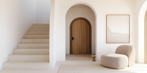 Fototapeta premium A serene, minimalist interior featuring a staircase, archway, wooden door, and modern seating in neutral tones.