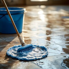 Close-up image of a wet mop head and various cleaning supplies such as a bucket, brush, and cleaning solution on a damp, tiled floor during a routine household cleaning task.